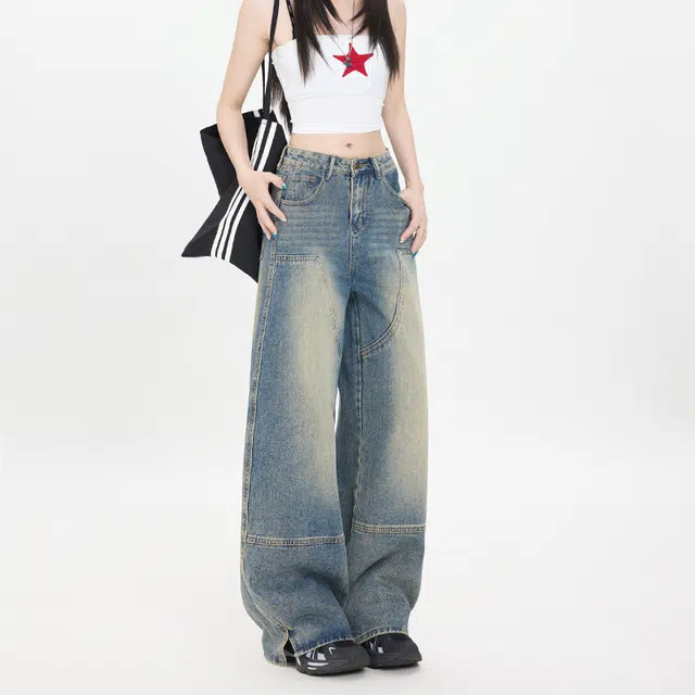 玫丝朵 美式复古小众设计线条阔腿宽松高街拼接设计开叉直筒牛仔裤 女款