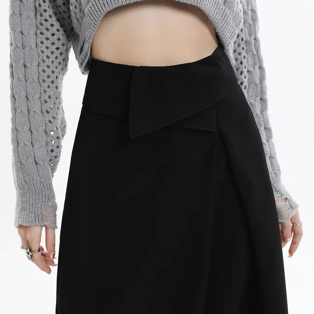 玫丝朵 黑色高腰西装裙显瘦开叉翻边极简风纯色中长款包臀裙休闲长裙 女款