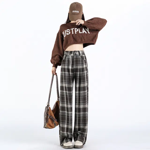 玫丝朵 格纹垂感阔腿高腰宽松舒适简约休闲裤 女款 咖色