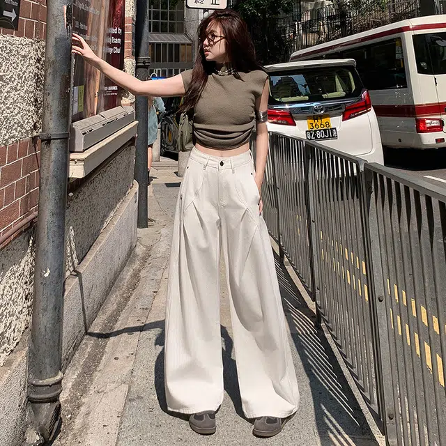 玫丝朵 潮流百搭设计感纯色美式复古宽松褶皱阔腿休闲直筒牛仔裤 女款