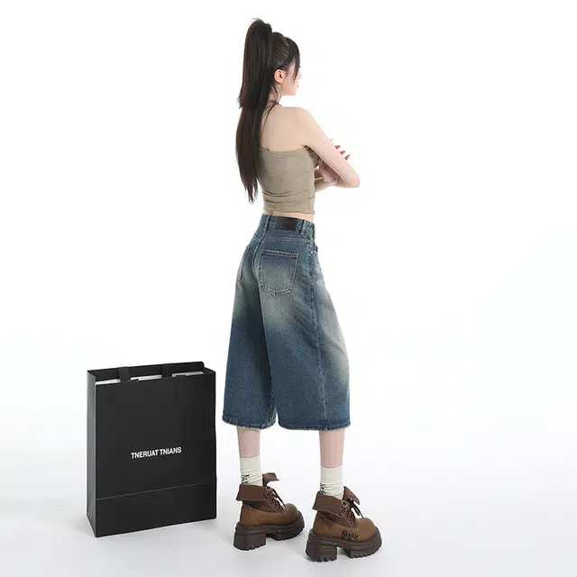 玫丝朵 美式复古设计简约百搭宽松阔腿牛仔裤 女款