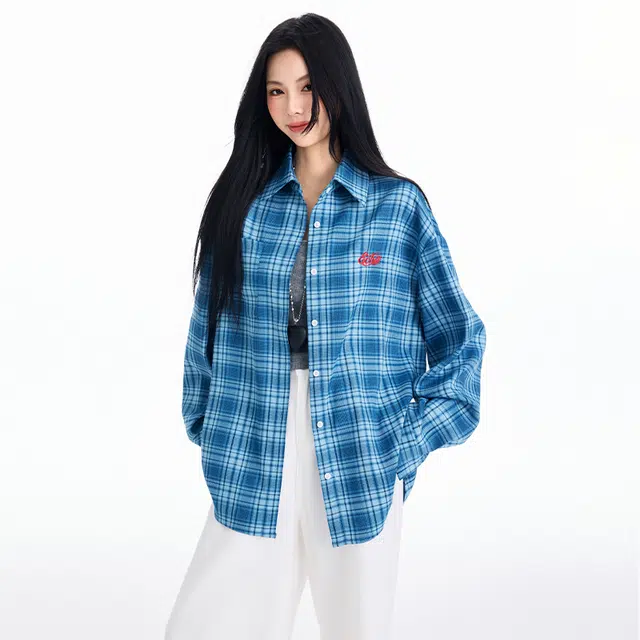 玫丝朵 休闲宽松格子长袖衬衫 女款 蓝色