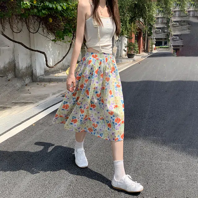 玫丝朵 复古高腰碎花半身裙花卉伞裙百搭百褶法式浪漫休闲长裙 女款