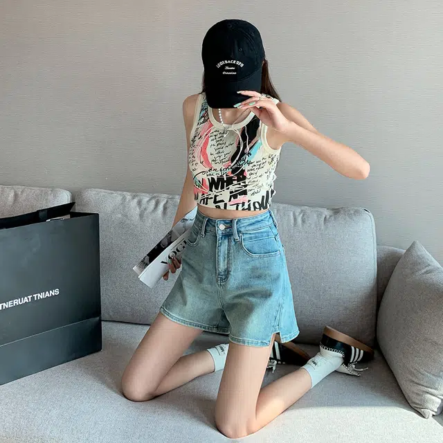 玫丝朵 美式复古小众裤脚设计时尚百搭热裤牛仔短裤 女款