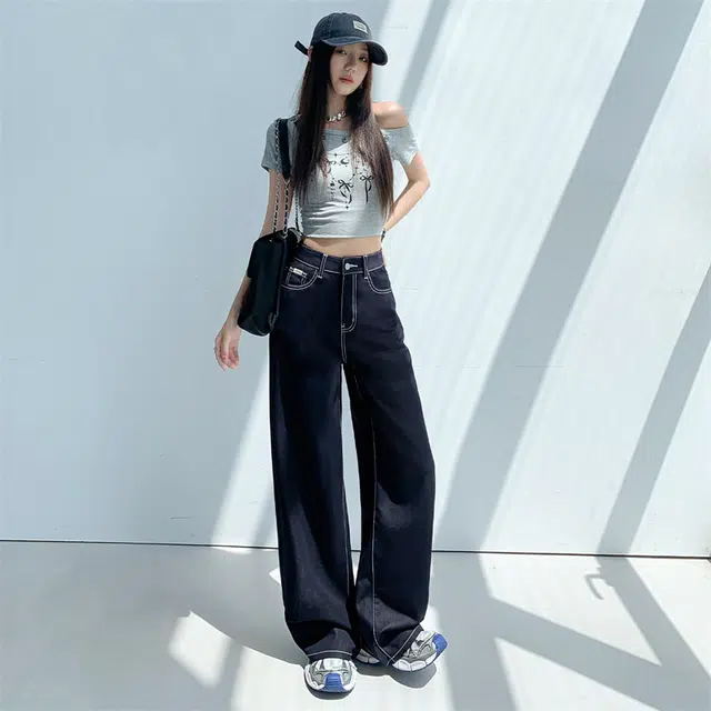 玫丝朵 阔腿高腰垂感薄款宽松百搭牛仔裤  女款