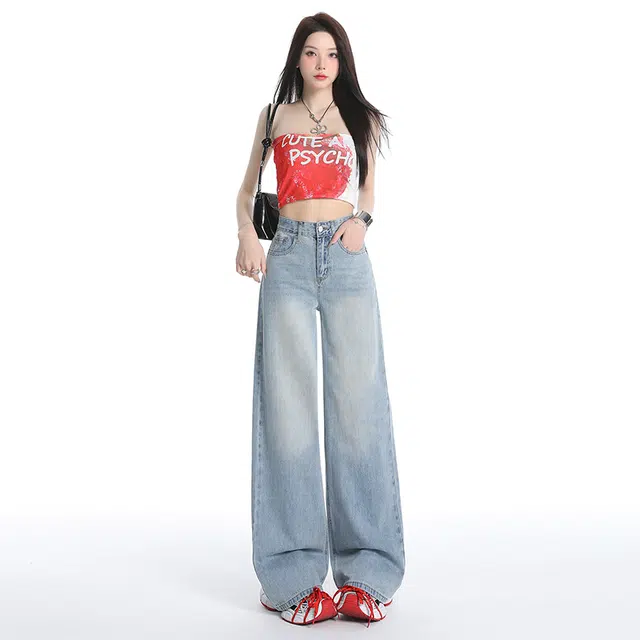 玫丝朵 美式复古直筒高腰宽松牛仔裤 女款