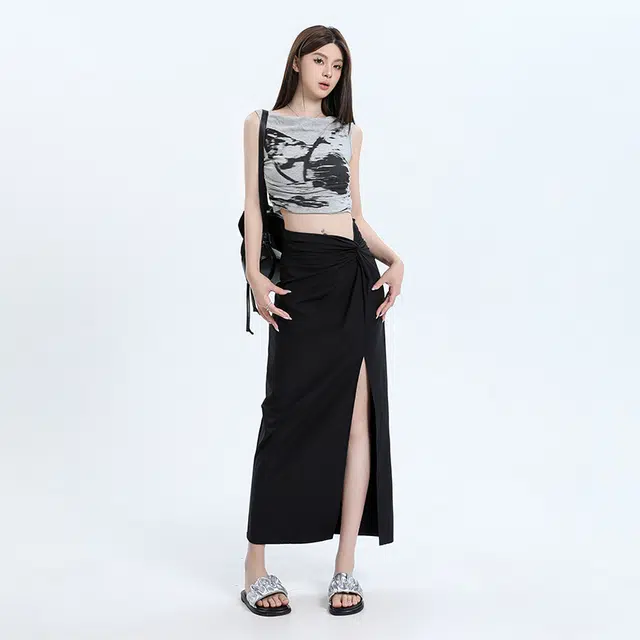 玫丝朵 开叉纯色高腰长款休闲长裙 女款