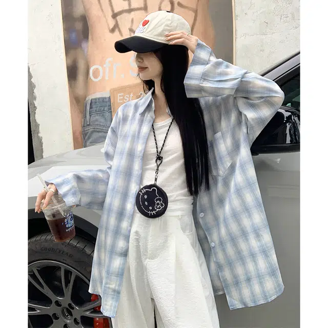 玫丝朵 美式慵懒风开衫格子薄款时尚百搭宽松长袖衬衫 女款