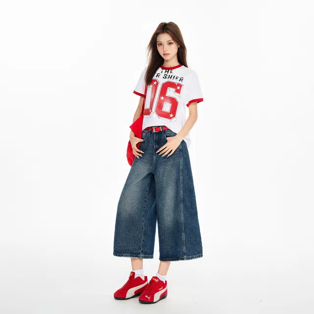 玫丝朵 美式复古做旧质感高腰宽松直筒七分牛仔短裤 女款