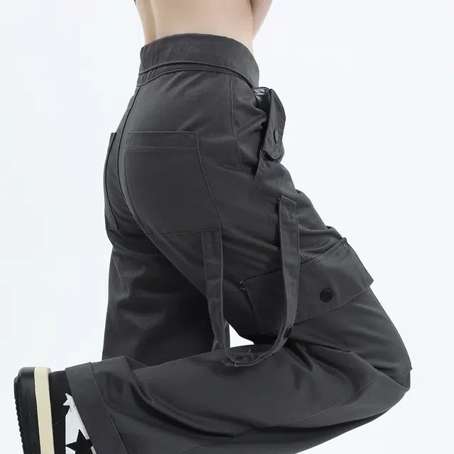 玫丝朵 美式街头高腰翻边腰头设计宽松直筒工装休闲裤 女款 灰色