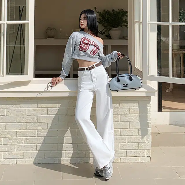 玫丝朵 美式复古纯色简约设计宽松百搭直筒阔腿牛仔裤 女款