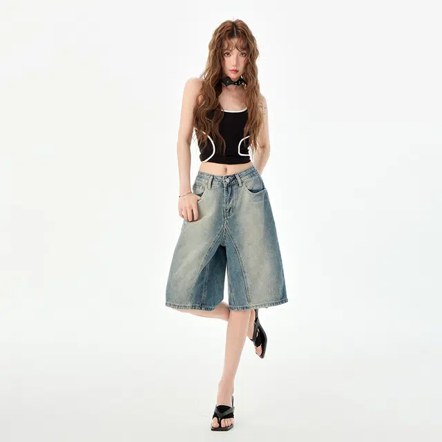 玫丝朵 美式复古渐变设计百搭宽松直筒牛仔短裤 女款
