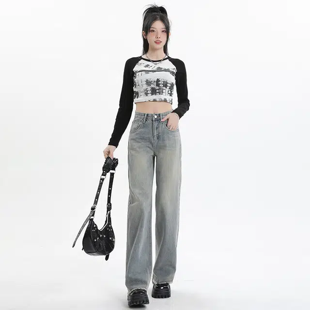 玫丝朵 复古高腰拉链宽松直筒牛仔裤 女款 怀旧蓝