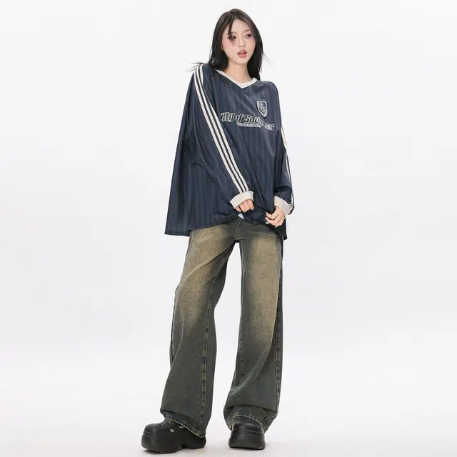 玫丝朵 做旧高腰宽松阔腿裤简约设计感牛仔裤 女 怀旧蓝