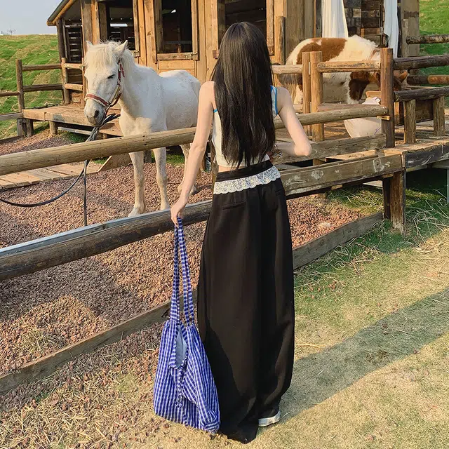 玫丝朵 复古气质蕾丝花边拼接撞色设计高级垂感抽绳慵懒风休闲裤 女款
