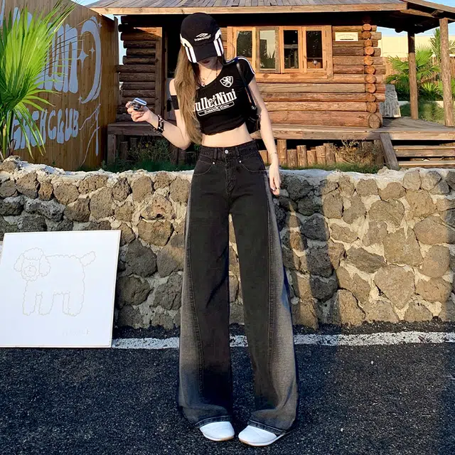 玫丝朵 美式复古高街风黑白撞色设计高腰宽松阔腿直筒拖地牛仔裤 女款