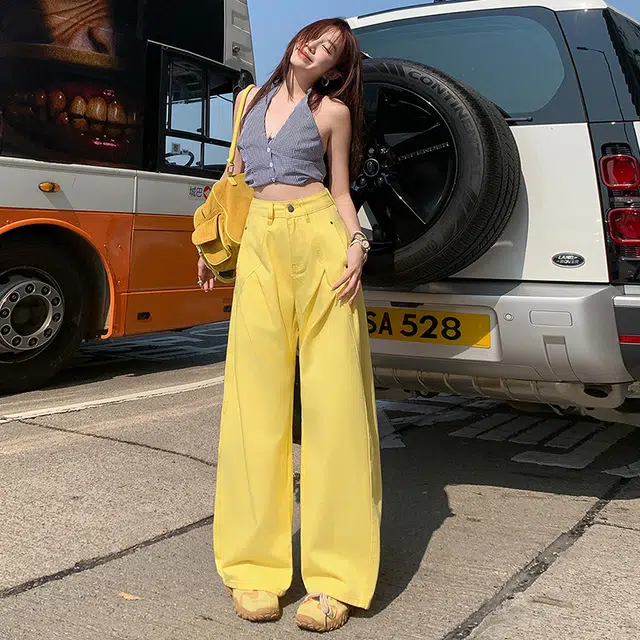 玫丝朵 美式复古百搭宽松褶皱设计阔腿休闲直筒牛仔裤 女款