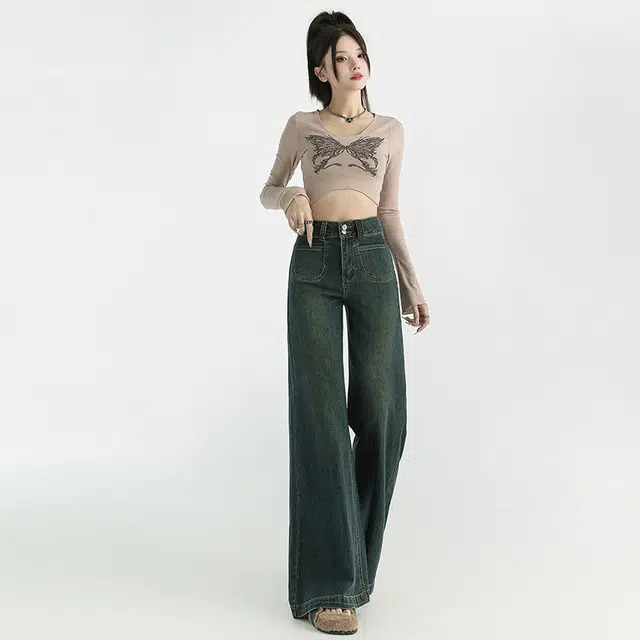 玫丝朵 美式复古辣妹风百搭舒双扣高腰宽松显瘦阔腿拖地牛仔裤 女款