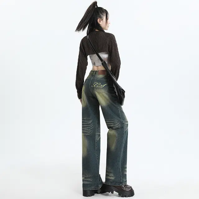 玫丝朵 美式复古怀旧高腰宽松直筒拖地牛仔裤 女款