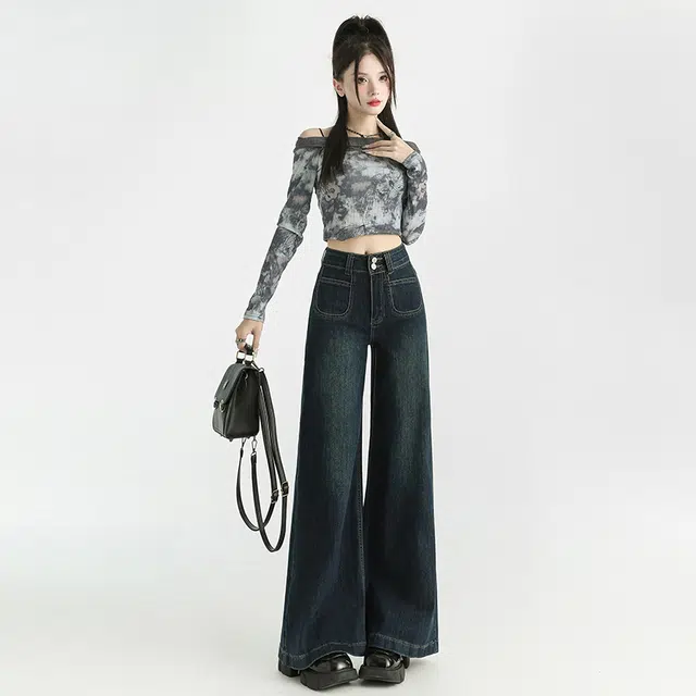 玫丝朵 美式复古辣妹风百搭舒适慵懒双扣高腰宽松显瘦阔腿拖地牛仔裤 女款