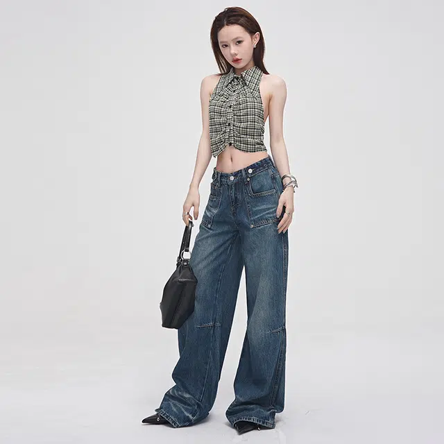 玫丝朵 复古水洗高腰牛仔裤 女款 波浪蓝