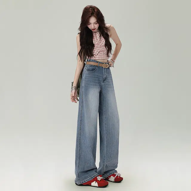 玫丝朵 美式复古高腰宽松直筒裤竹节纹面料简约百搭显瘦舒适休闲牛仔裤 女款