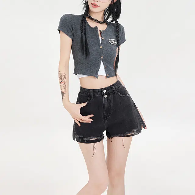 玫丝朵 美式基础款设计感高腰百搭修身气质牛仔短裤 女款