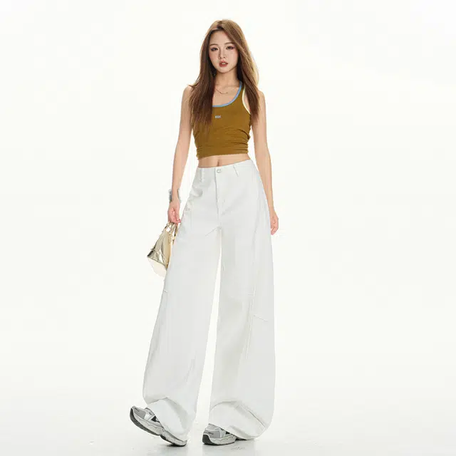 玫丝朵 美式复古设计感拼接纯色简约百搭宽松阔腿直筒牛仔裤 女款