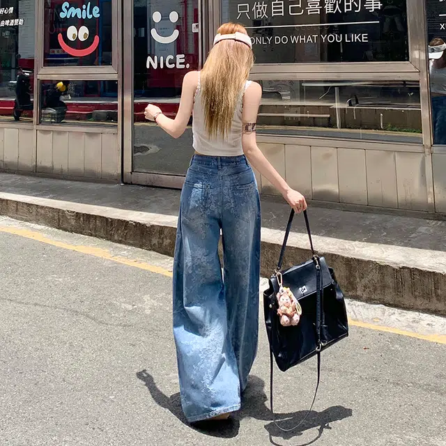 玫丝朵 美式复古小众提花设计感高腰宽松阔腿牛仔裤 女款