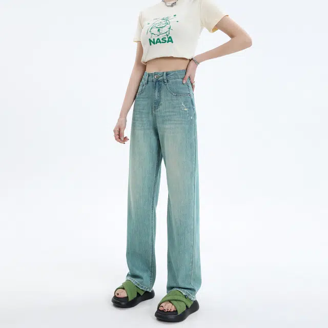 玫丝朵 美式破洞毛边设计高腰垂感阔腿牛仔裤 女款 翡翠绿