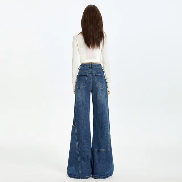 玫丝朵 韩系新潮慵懒风通勤百搭简约立体裁剪侧口袋高腰宽松阔腿牛仔裤 女款