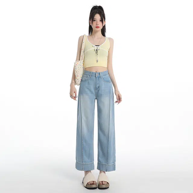 玫丝朵 薄款高腰垂感阔腿裤百搭宽松休闲牛仔裤 女款