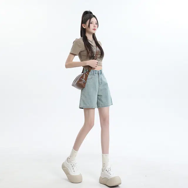 玫丝朵 休闲通勤纯色百搭简约牛仔短裤 女款