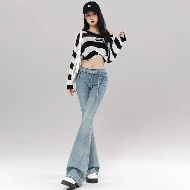 玫丝朵 潮流休闲百搭特色腰带设计高腰舒适微喇叭拖地牛仔裤 女款