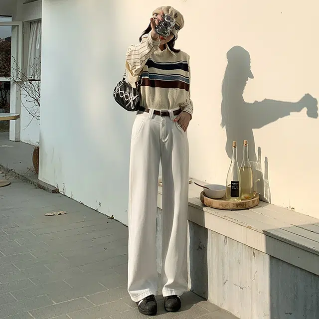 玫丝朵 美式复古学院风高腰宽松直筒阔腿牛仔裤 女款