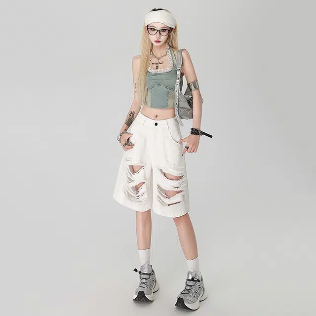 玫丝朵 美式小众破洞设计百搭时尚五分裤牛仔短裤 女款