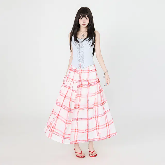 玫丝朵 简约时尚百搭温柔格纹拼接休闲长裙 女款