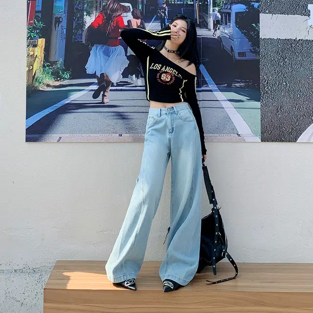 玫丝朵 美式复古做旧简约设计宽松百搭直筒垂感阔腿牛仔裤 女款