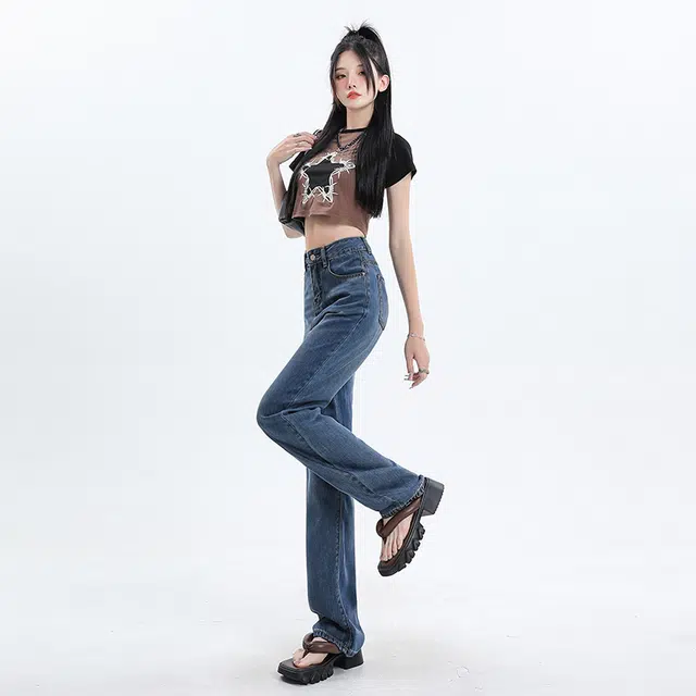 玫丝朵 薄款高腰宽松百搭阔腿垂感牛仔裤 女款
