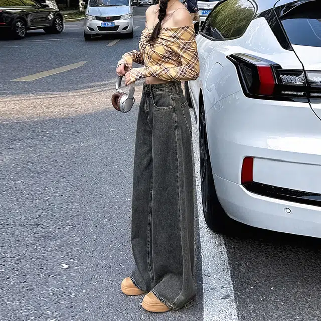 玫丝朵 春季美式复古宽松百搭高腰阔腿拖地女牛仔裤 女款 怀旧蓝灰