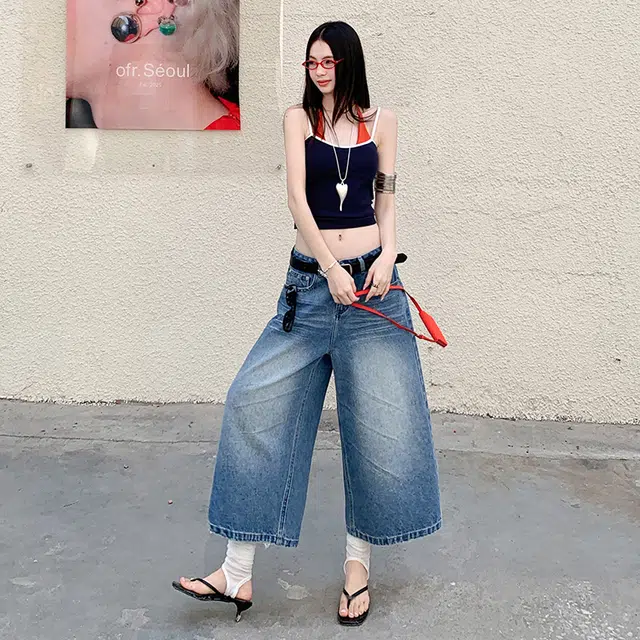 玫丝朵 美式复古做旧设计高腰宽松直筒阔腿七分牛仔短裤 女款