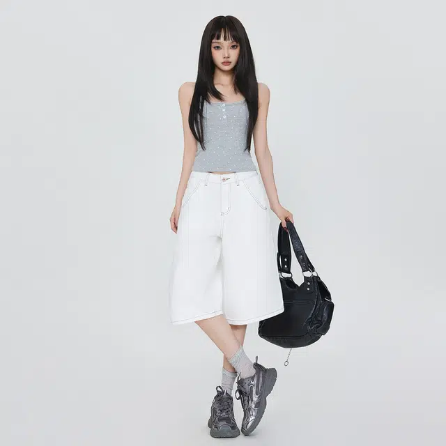 玫丝朵 美式简约百搭设计宽松休闲五分牛仔短裤 女款 白色