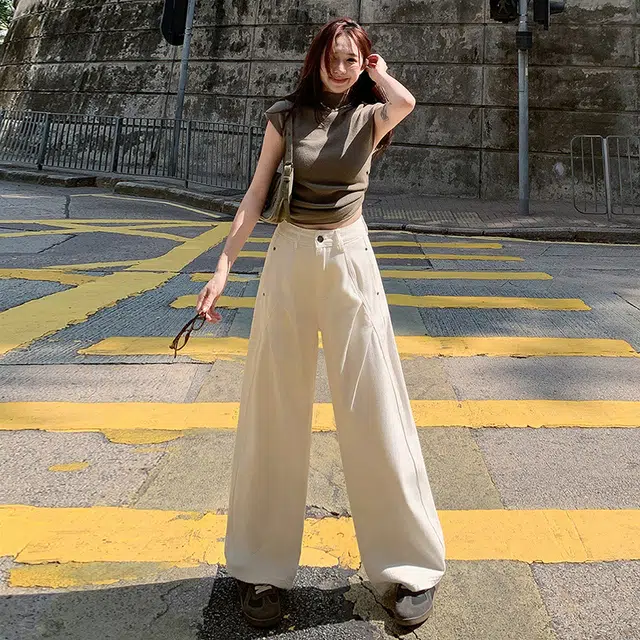 玫丝朵 潮流百搭设计感纯色美式复古宽松褶皱阔腿休闲直筒牛仔裤 女款