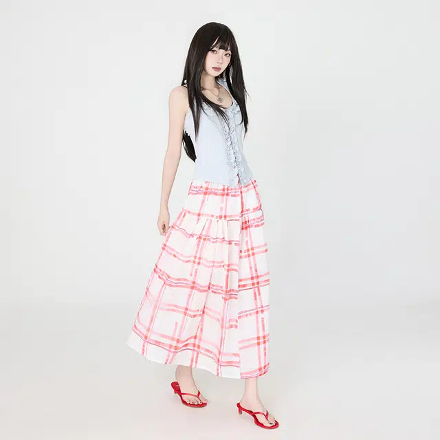 玫丝朵 简约时尚百搭温柔格纹拼接休闲长裙 女款