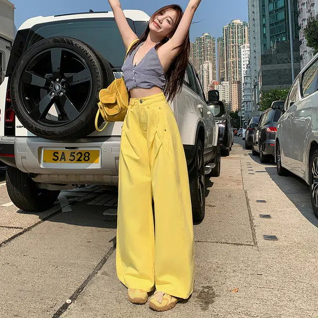 玫丝朵 美式复古百搭宽松褶皱设计阔腿休闲直筒牛仔裤 女款