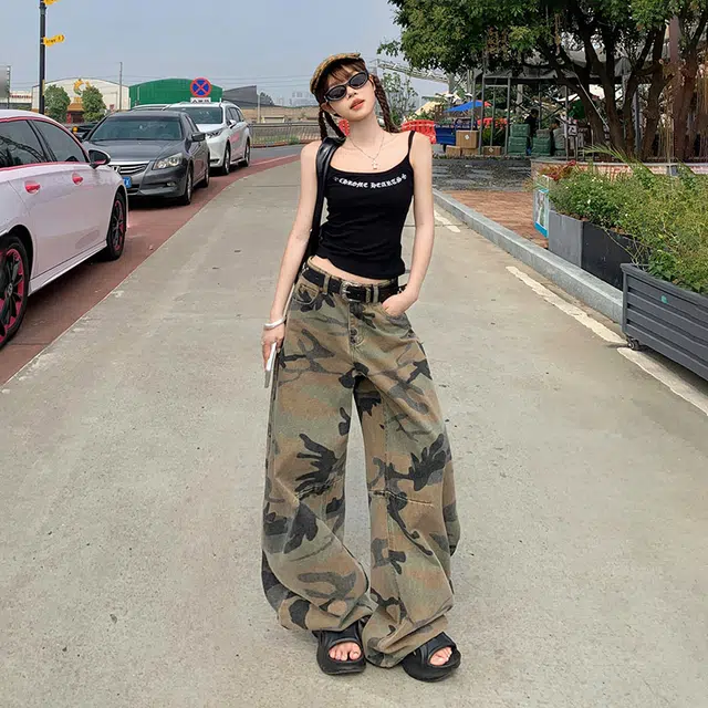 玫丝朵 美式复古高腰迷彩设计时尚百搭宽松直筒阔腿牛仔裤 女款