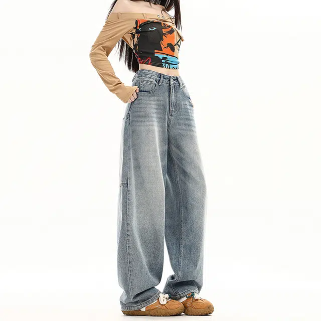 玫丝朵 美式复古潮流百搭流行高腰宽松直筒大口袋个性设计弯刀阔腿舒适牛仔裤 女款