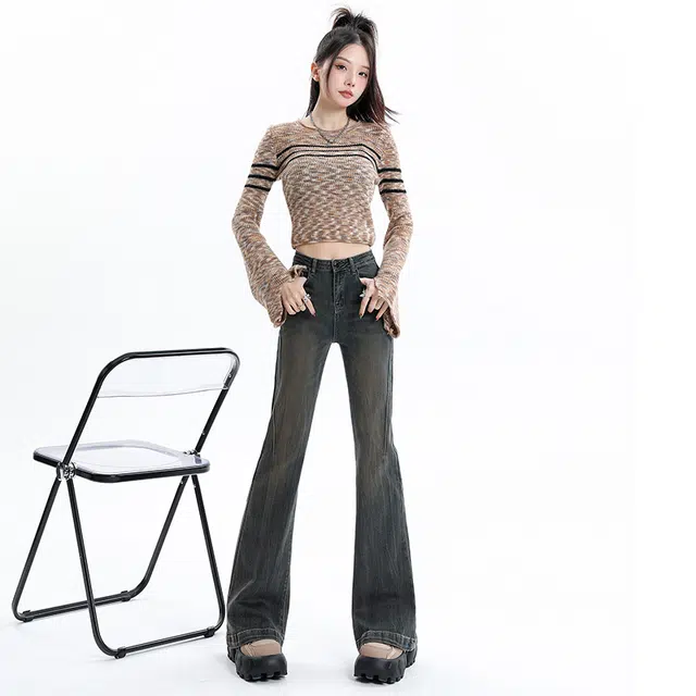 玫丝朵 复古高街做旧猫须设计感微喇拖地牛仔裤 女款