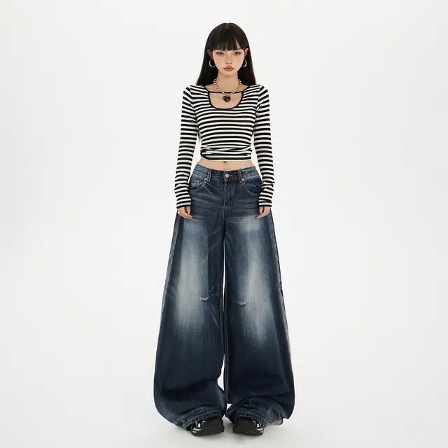 玫丝朵 美式复古高腰宽松阔腿裤弯刀裤百搭渐变猫纹垂感牛仔裤 女款