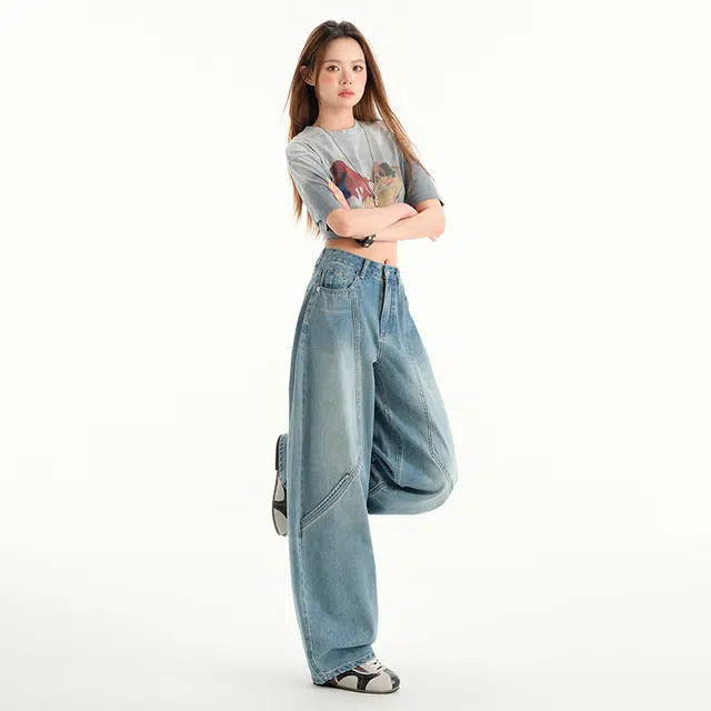 玫丝朵 美式复古廓形弯刀设计宽松百搭直筒牛仔裤 女款 蓝色